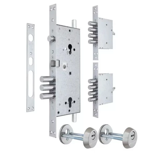 Дверний двосистемний врізний замок MUL-T-LOCK 3-WAY DIN+DIN 415G CR BRUSHED_NICKEL UNIV ВЅ63мм 2_protectors SP